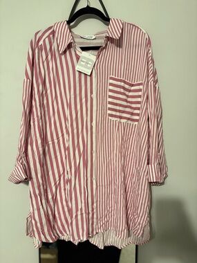 Plus Size Pink & White Striped Button-Down Shirt